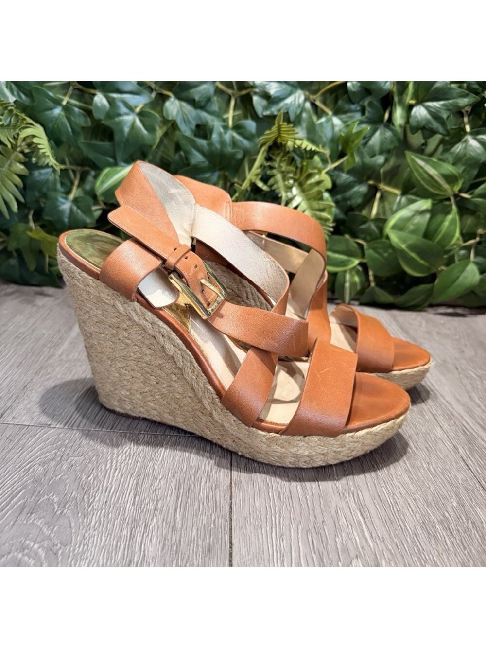 Michael Kors Z2636 Women's Tan Giovanna Wedge Open Toe Shoes Size 9 M